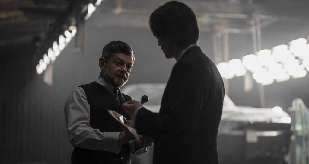 Caption: (L-r) ANDY SERKIS as Alfred Pennyworth and ROBERT PATTINSON as Bruce Wayne in Warner Bros. Pictures’ action adventure “THE BATMAN,” a Warner Bros. Pictures release. Photo Credit: Jonathan Olley/™ & © DC Comics