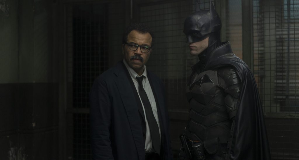 Caption: (L-r) JEFFREY WRIGHT as Lt. James Gordon and ROBERT PATTINSON as Batman in Warner Bros. Pictures’ action adventure “THE BATMAN,” a Warner Bros. Pictures release. Photo Credit: Jonathan Olley/™ & © DC Comics