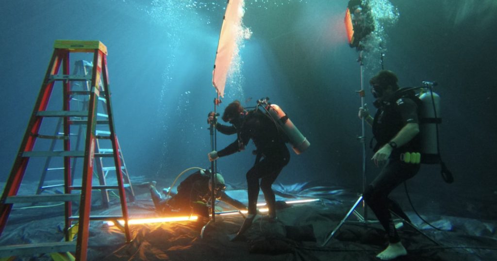 Rigging the underwater scene for the Mami Wata sequence in "Nanny." Courtesy Nikyatu Jusu