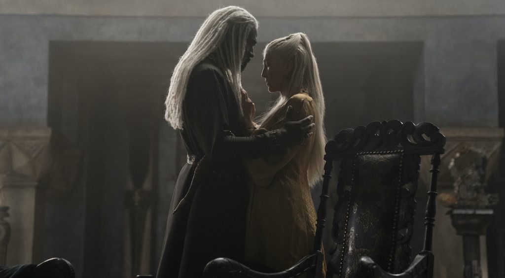 Steve Toussaint as Lord Corlys Velaryon, Eve Best as Princess Rhaenys Targaryen. Photograph by Ollie Upton/HBO