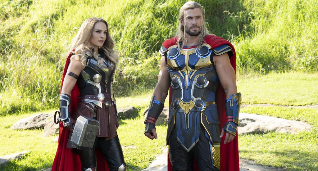 (L-R): Natalie Portman as Mighty Thor and Chris Hemsworth as Thor in Marvel Studios' THOR: LOVE AND THUNDER. Photo by Jasin Boland. ©Marvel Studios 2022. All Rights Reserved.