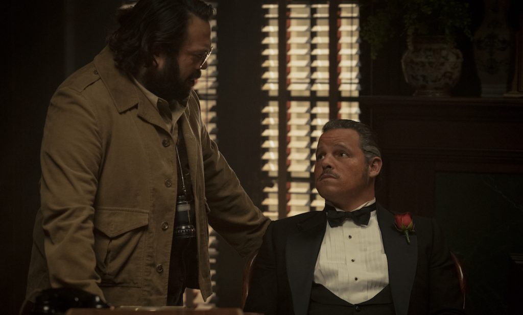 Pictured: Dan Folger as Francis Ford Coppola and Justin Chambers as Marlon Brando of the Paramount+ original series THE OFFER. Photo Cr: Nicole Wilder/Paramount+ ©2022 Paramount Pictures. All Rights Reserved.