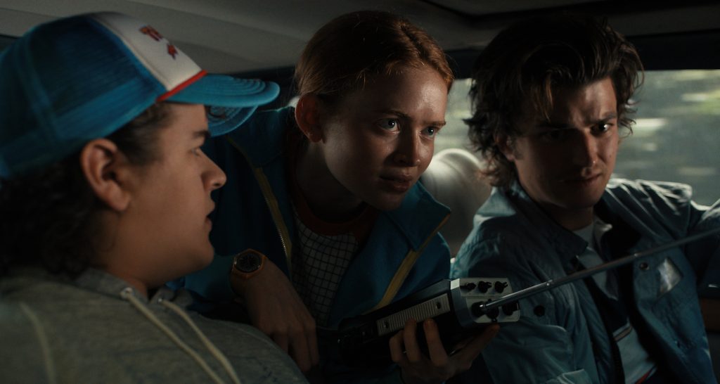 STRANGER THINGS. (L to R) Gaten Matarazzo as Dustin Henderson, Sadie Sink as Max Mayfield and Joe Keery as Steve Harrington in STRANGER THINGS. Cr. Courtesy of Netflix © 2022