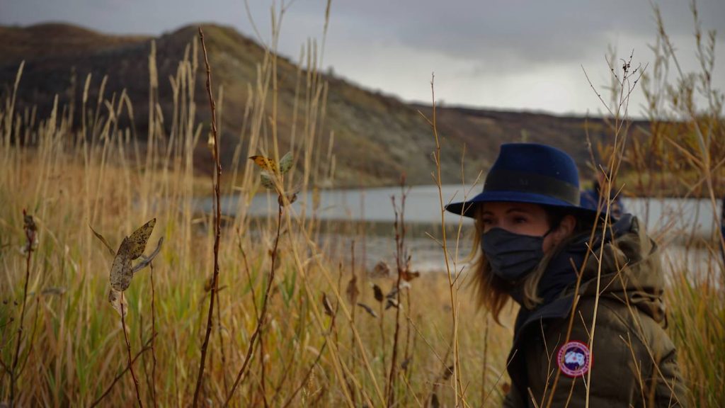 Renee Read on location in Alberta, Canada, during production of "Under the Banner of Heaven." Courtesy FX Networks.