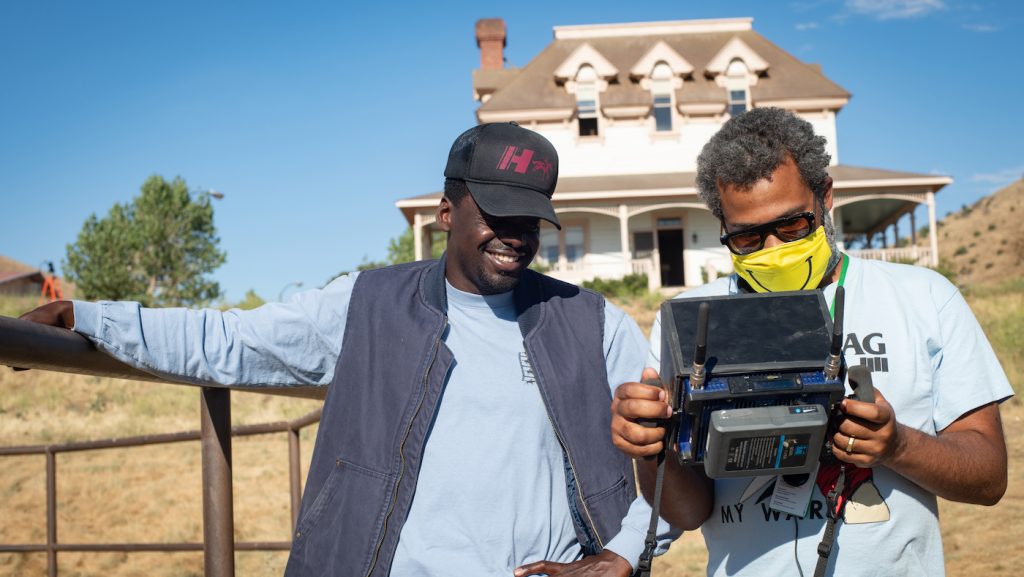 (from left) Daniel Kaluuya and writer/producer/director Jordan Peele on the set of Nope.