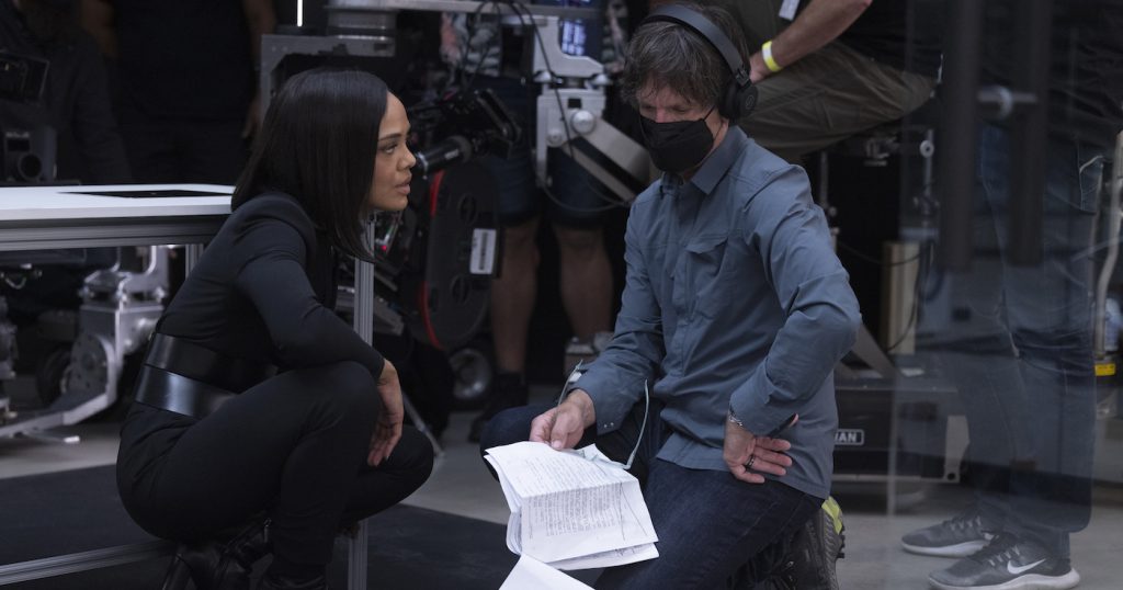 Tessa Thompson and Paul Cameron on the set of "Westworld." John Johnson/HBO