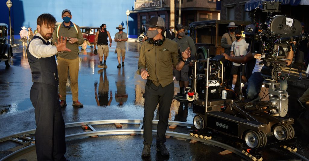 L-r: Aaron Paul and Paul Cameron on the set of "Westworld." John Johnson/HBO