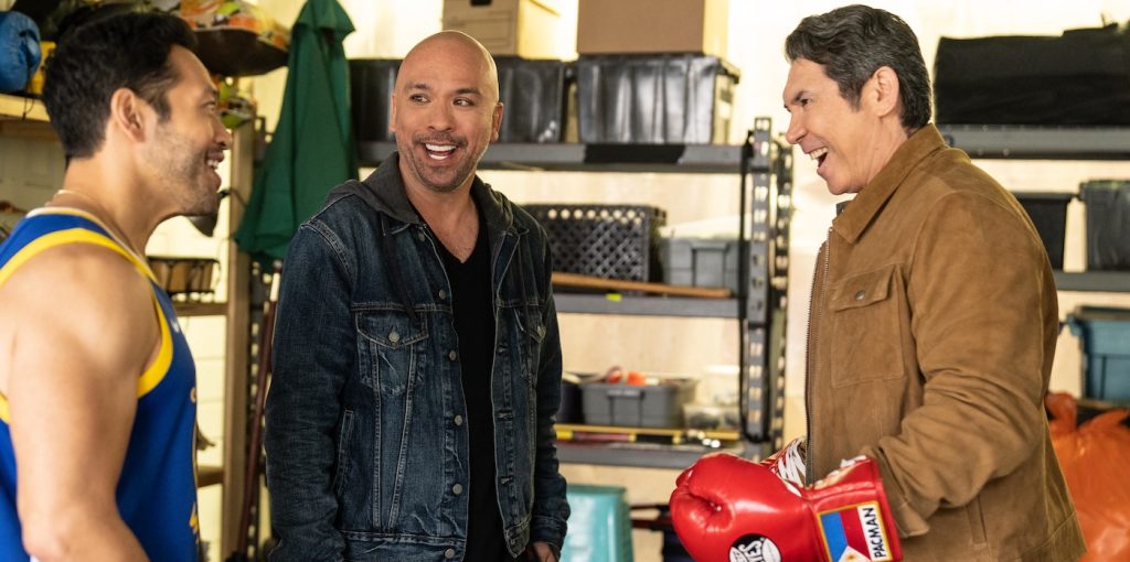 (from left) Eugene (Eugene Cordero), Joe Valencia (Jo Koy) and Lou Diamond Phillips (as himself) in Easter Sunday, directed by Jay Chandrasekhar.