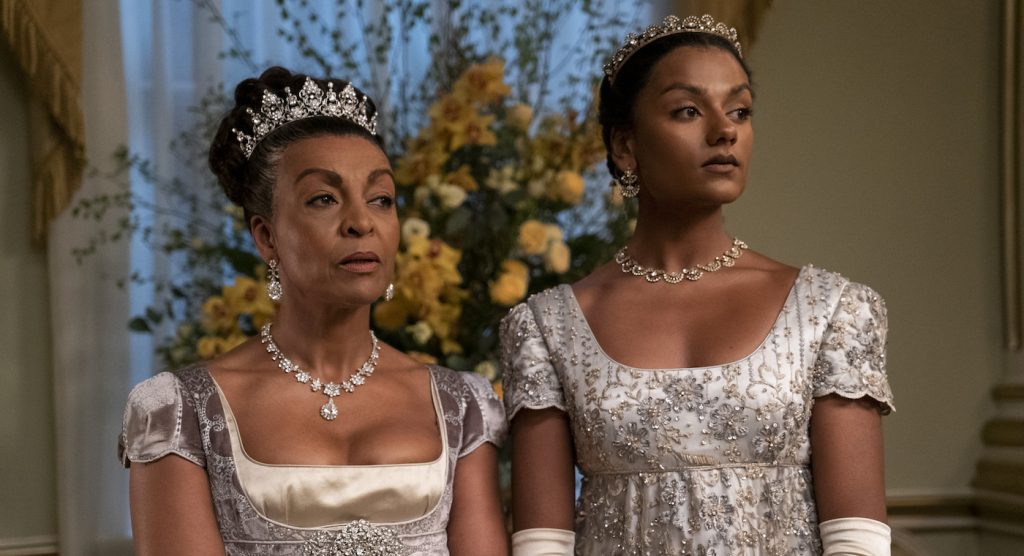 Bridgerton. (L to R) Adjoa Andoh as Lady Danbury, Simone Ashley as Kate Sharma in episode 201 of Bridgerton. Cr. Liam Daniel/Netflix © 2022