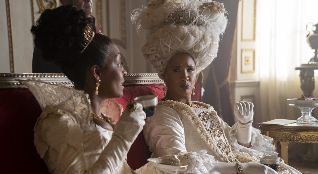 Bridgerton. (L to R) Adjoa Andoh as Lady Danbury, Golda Rosheuvel as Queen Charlotte in episode 201 of Bridgerton. Cr. Liam Daniel/Netflix © 2022