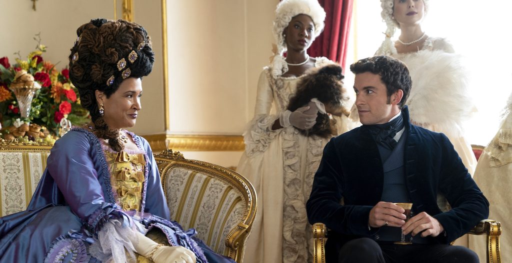 Bridgerton. (L to R) Golda Rosheuvel as Queen Charlotte, Jonathan Bailey as Anthony Bridgerton in episode 208 of Bridgerton. Cr. Liam Daniel/Netflix © 2022