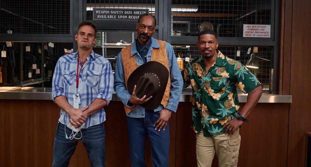 DAY SHIFT. (L-R) Director J.J. Perry, Snoop Dogg as Big John and Jamie Foxx as Bud on the set of Day Shift. Cr. Parrish Lewis/Netflix © 2022.