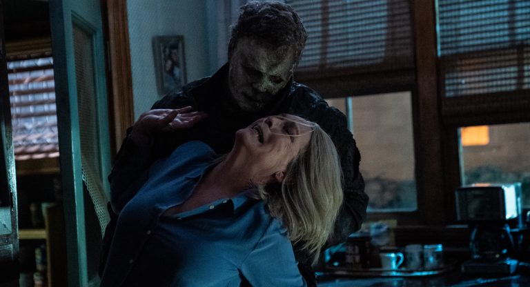 Michael Myers (aka The Shape) and Jamie Lee Curtis as Laurie Strode in HALLOWEEN ENDS, directed by David Gordon Green