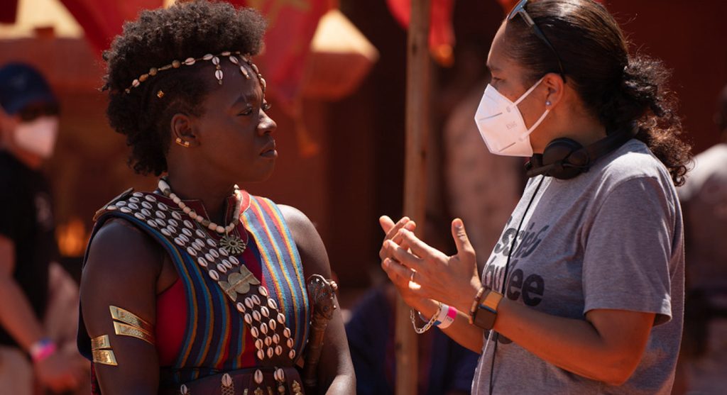 Viola Davis and director Gina Prince-Bythewood on the set of The Woman King.