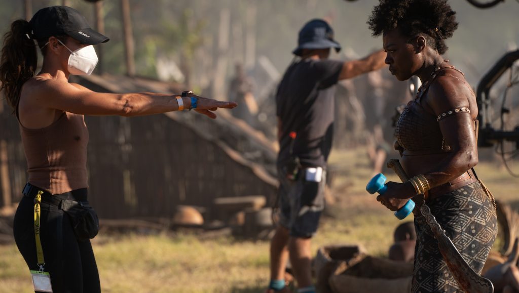 Gabriela Mclain and Viola Davis training during "The Woman King." Courtesy Sony Pictures.