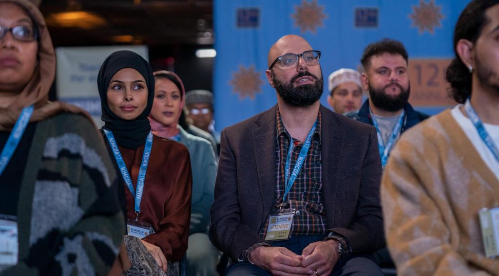 Ramy -- “merchants in medina” - Episode 308 -- praying. be back soon. Yasmina (Rana Roy), Ahmed (Dave Merheje), and Mo (Mohammad Amer), shown. (Photo by: Jon Pack/Hulu)