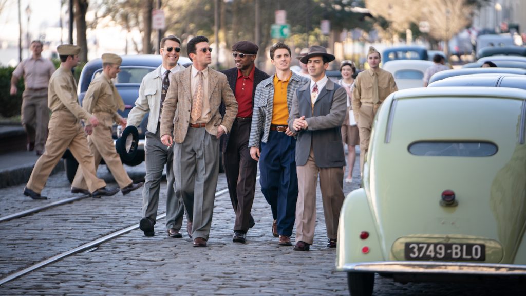 (L to R) Tom Hudner (Glen Powell), Bill Koenig (Daren Kagasoff), Jesse Brown (Jonathan Majors), Bo Lavery (Spencer Neville) and Marty Goode (Joe Jonas) in Columbia Pictures' DEVOTION.