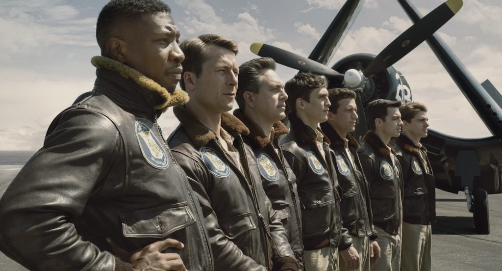 Jesse Brown (Jonathan Majors), Tom Hudner (Glen Powell), Dick Cevoli (Thomas Sadoski), Carol Mohring (Nick Hargrove), Bill Koenig (Daren Kagasoff), Marty Goode (Joe Jonas) and Bo Lavery (Spencer Neville) in Columbia Pictures’ DEVOTION.