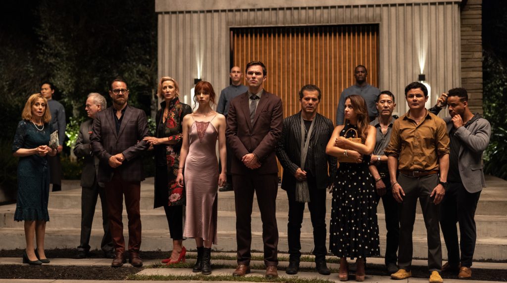 (From L-R): Judith Light, Reed Birney, Paul Adelstein, Janet McTeer, Anya Taylor-Joy, Nicholas Hoult, John Leguizamo, Aimee Carrero, Rob Yang, Arturo Castro, and Mark St. Cyr in the film THE MENU. Photo by Eric Zachanowich. Courtesy of Searchlight Pictures. © 2022 20th Century Studios All Rights Reserved.
