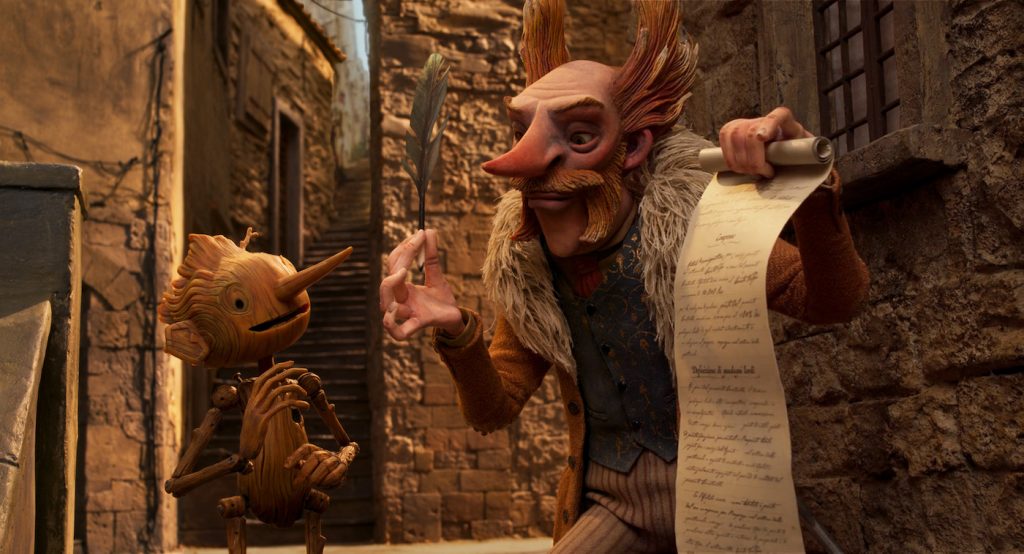 Guillermo del Toro's Pinocchio - (L-R) Pinocchio (voiced by Gregory Mann) and Count Volpe (voiced by Christoph Waltz). Cr: Netflix © 2022