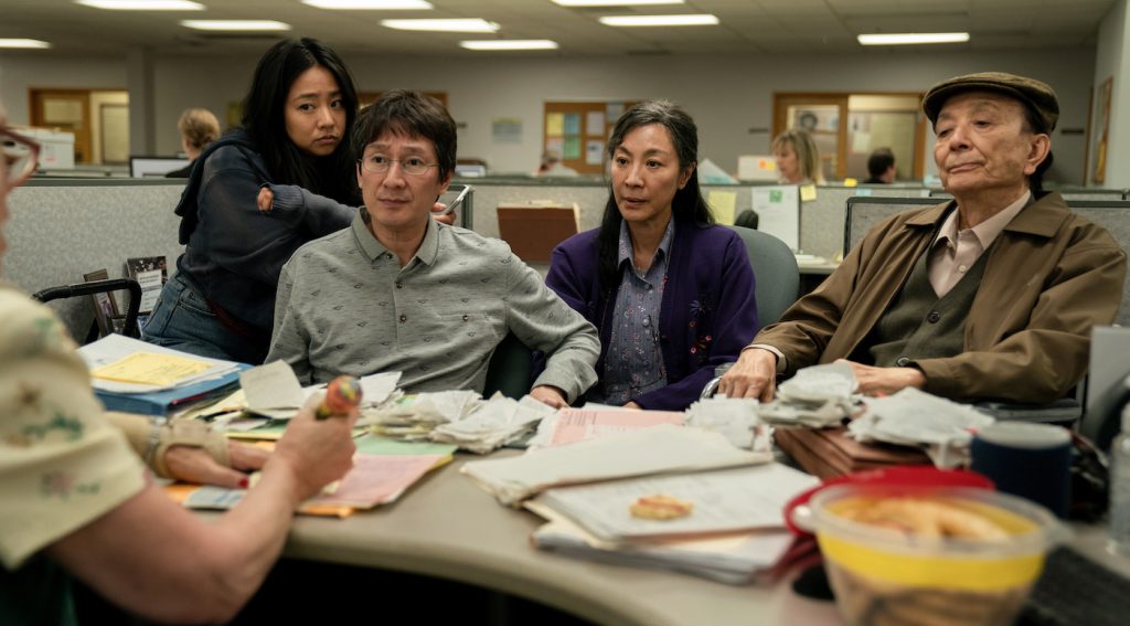 (L-R) Stephanie Hsu, Ke Huy Quan, Michelle Yeoh, James Hong Photo credit: Allyson Riggs