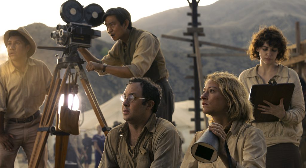 P.J. Byrne plays Max (Ruth's AD) and Olivia Hamilton plays Ruth Adler in Babylon from Paramount Pictures.