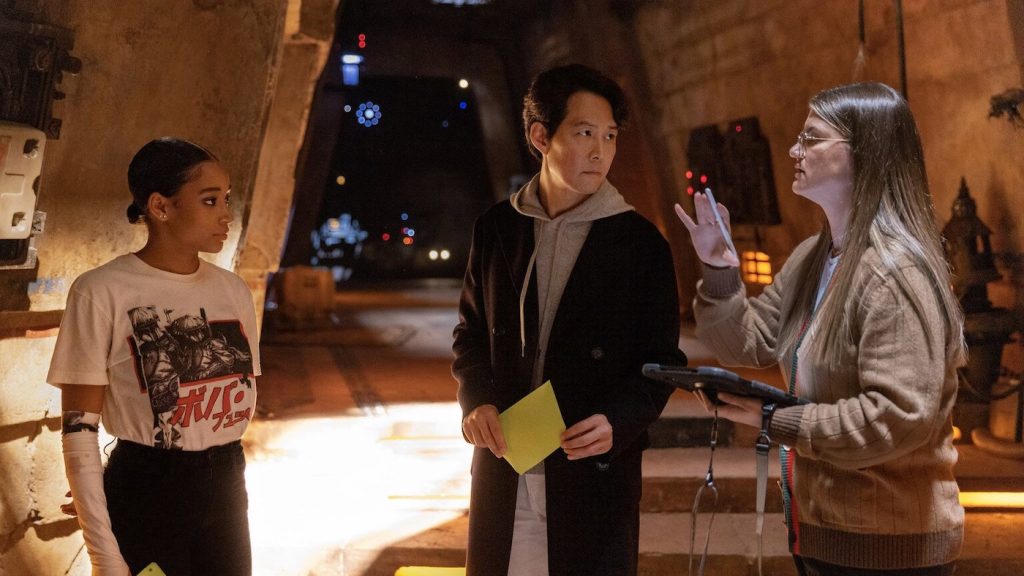 L-r: Amandla Stenberg, Lee Jung-jae, and director Leslye Headland on the set of 