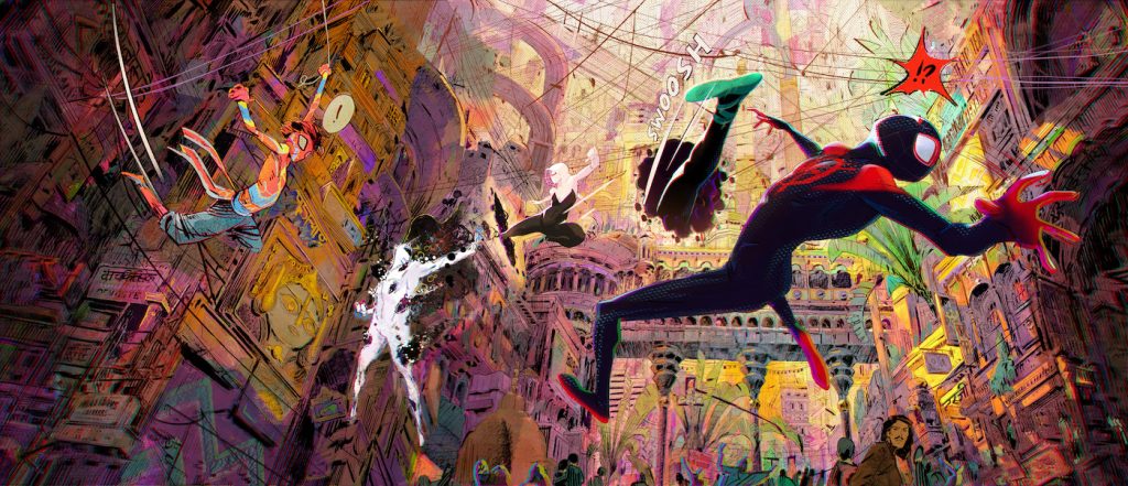 A visual development image featuring Pavitr Prabhakar, aka Spider-Man India, Gwen Stacy and Miles Morales fighting The Spot in the city of Mumbattan on Earth-50101 - a kaleidoscopic hybrid of Mumbai and Manhattanfor Columbia Pictures and Sony Pictures Animations’ SPIDER-MAN™: ACROSS THE SPIDER-VERSE.