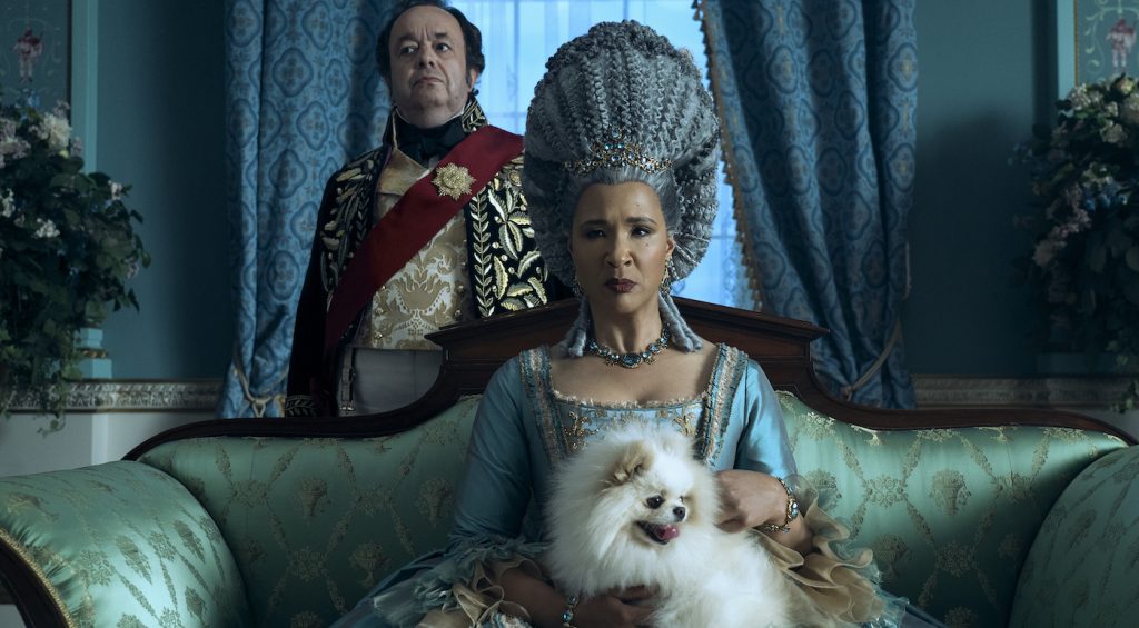 Queen Charlotte: A Bridgerton Story. (L to R) Hugh Sachs as Brimsley, Golda Rosheuvel as Queen Charlotte in episode 102 of Queen Charlotte: A Bridgerton Story. Cr. Liam Daniel/Netflix © 2023