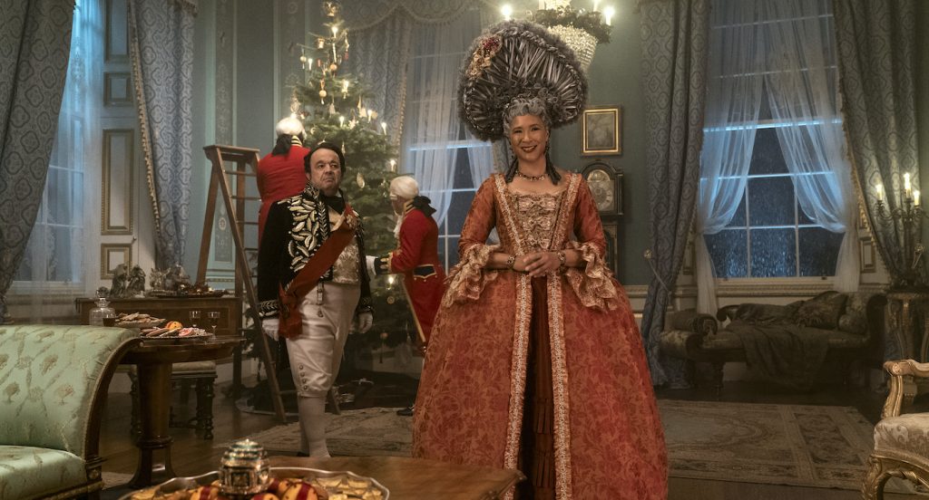 Queen Charlotte: A Bridgerton Story. (L to R) Hugh Sachs as Brimsley, Golda Rosheuvel as Queen Charlotte in episode 103 of Queen Charlotte: A Bridgerton Story. Cr. Liam Daniel/Netflix © 2023