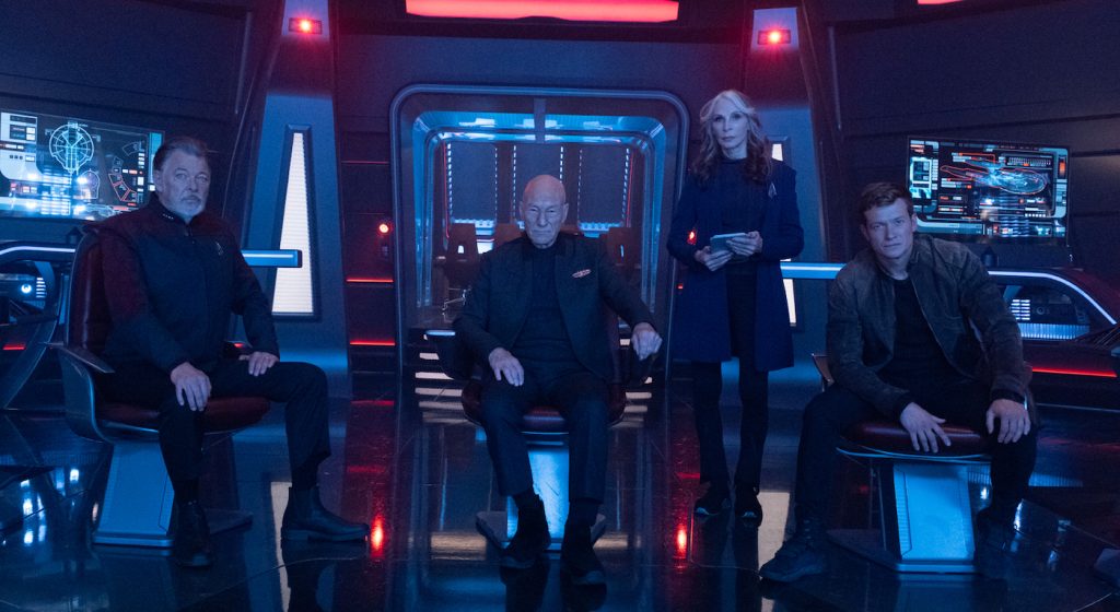 Joanthan Frakes as Will Riker, Patrick Stewart as Picard, Gates McFadden as Dr. Beverly Crusher and Ed Speleers as Jack Crusher in 