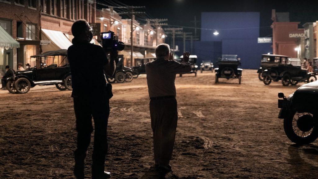 Caption: Rodrigo Prieto and Martin Scorsese on the streets of Pawhuska, which stood in for Fairfax, Oklahoma. Courtesy: Apple TV+